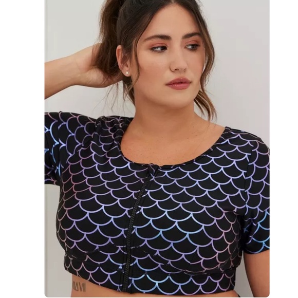 Torrid 6 Zip Front Short Sleeve Active Swim Top - Mermaid - Picture 1 of 8